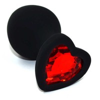 AP-S02-MR - Черная анальная пробка из силикона с красным кристаллом в форме сердца (Medium)
