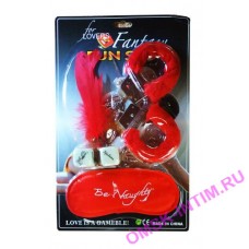 EH 1811-203R - Набор игровой красный: наручники с мехом, маска, перо  и кубики "For Lovers Fantasy"